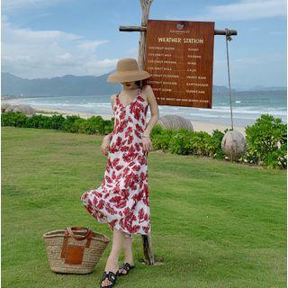 Leaf Print Spaghetti Strap Midi Shift Dress
