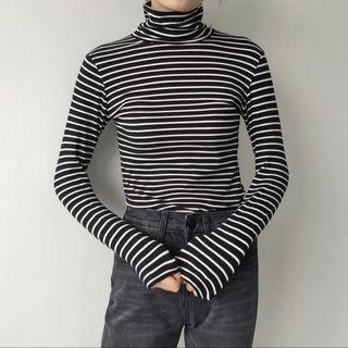 High Neck Long-sleeve Striped T-shirt