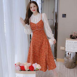 Set: Long-sleeve Small Stand-collar Lace Shirt + Floral Spaghetti-strap Dress
