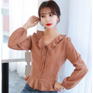 Long-sleeve Frill Trim Peplum Blouse