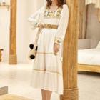 Long-sleeve Embroidered Midi A-line Dress / Straw Belt
