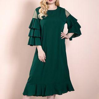 3/4-sleeve Frill Trim Mesh Panel Midi A-line Dress