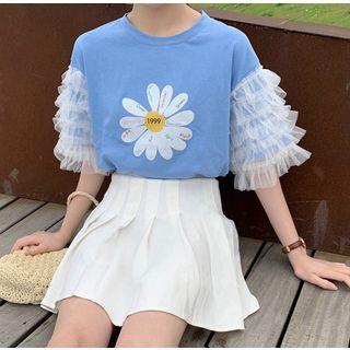 Mesh-trim Printed Elbow-sleeve T-shirt