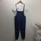 Set: Plain Short Sleeve Top + Distressed Dungaree