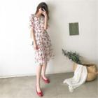 Wrap-front Tiered Floral Chiffon Dress