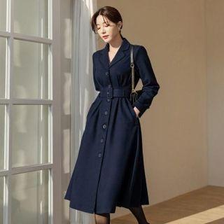 Notch-collar Pleated-waist Midi Dress With Belt