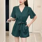 Pinstriped V-neck Short-sleeve Playsuit