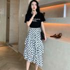 Short-sleeve Lettering T-shirt / Polka Dot Tiered Midi Skirt