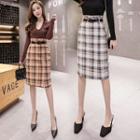 High-waist Split Hem Plaid Woolen Skirt
