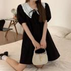 Puff-sleeve Peter Pan Collar A-line Dress Black - One Size