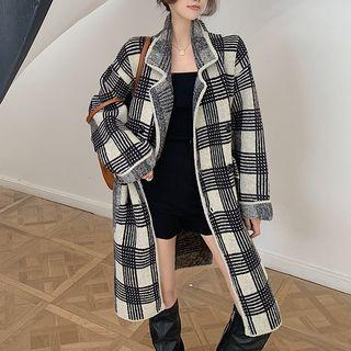 Plaid Button-up Long Coat Plaid - Black & Beige - One Size