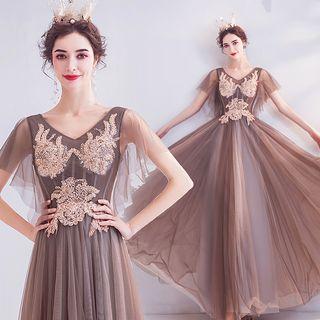 Beaded V-neck Mesh A-line Evening Gown