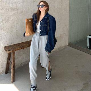 Stitched Puff-sleeve Denim Loose Jacket / Zipper-side Harem Pants