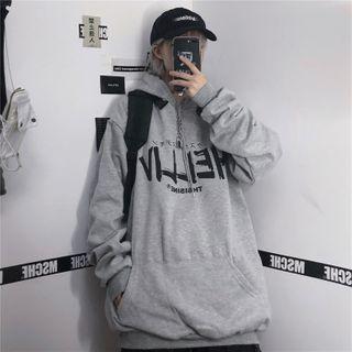Lettering Long-sleeve Hoodie Gray - One Size