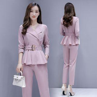 Set: V-neck Belt Waist Wrapped Top + Dress Pants