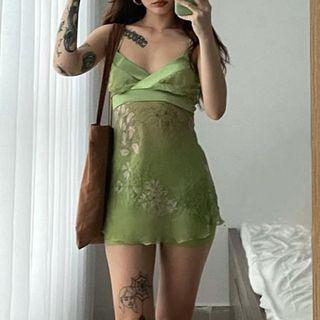 Spaghetti-strap Floral Mesh Mini Bodycon Dress