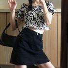 Cow Printed Cropped Chiffon Blouse / A-line Denim Skirt