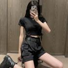 Short-sleeve Lace-up Cropped T-shirt / Buckled Cargo Shorts