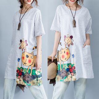Cat Print Striped Short-sleeve Tunic