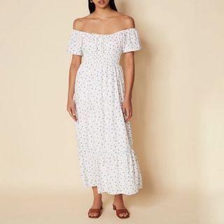 Off-shoulder Floral Print Midi Smock Dress