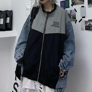 Color-block Panel Denim Mock-neck Loose-fit Long-sleeve Zip Jacket