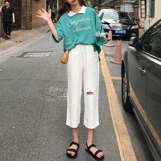 Lettering Collared Elbow-sleeve T-shirt / Ripped Wide Leg Crop Pants