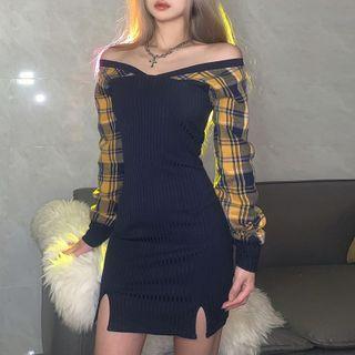 Plaid Panel Slit Mini Bodycon Dress