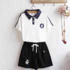 Short-sleeve Bear Embroidered Collared T-shirt / Cow Embroidered Shorts / Set