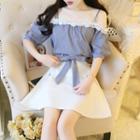 Set: Lace Panel Off-shoulder Spaghetti Strap Top + Mini Skirt