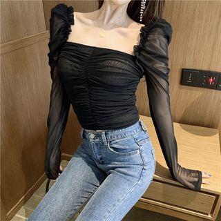 Square-neck Long-sleeve Ruched Top