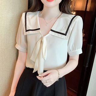 Short-sleeve Collar Contrast Trim Chiffon Blouse