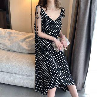 Spaghetti Strap Dotted A-line Midi Dress Black - One Size