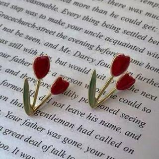 Sterling Silver Flower Stud Earring 1 Pair - Red - One Size