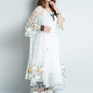 Flower Embroidered 3/4-sleeve Open Front Mesh Jacket White - One Size