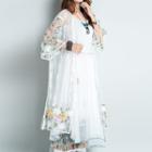 Flower Embroidered 3/4-sleeve Open Front Mesh Jacket White - One Size