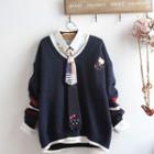V-neck Bear Embroidered Sweater / Shirt / Set
