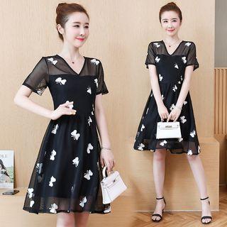 Short-sleeve Mesh Paneled Embroidered A-line Dress