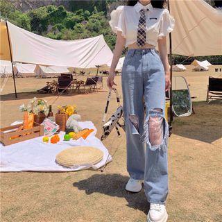 Short-sleeve Frill Trim Crop Shirt / Distressed Straight Leg Jeans