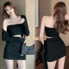 Tie-front Cardigan / Tube Top / Mini Pencil Skirt