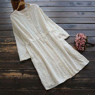 Long-sleeve Buttoned Embroidery A-line Dress
