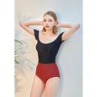 Short-sleeve Two-tone Swimsuit Black - One Size