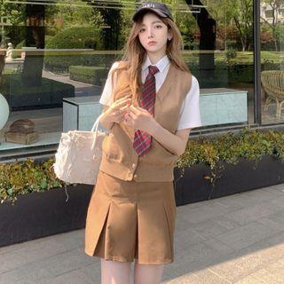 Short-sleeve Shirt With Tie / Button-up Vest / Mini Skirt