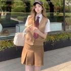 Short-sleeve Shirt With Tie / Button-up Vest / Mini Skirt