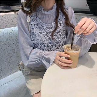 Frilled Trim Long-sleeve Top / Crochet Knit Vest