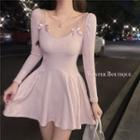 Long-sleeve Rhinestone Mini A-line Dress Pink - One Size