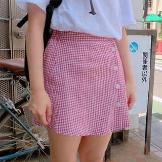 Button-front Gingham Mini Skirt