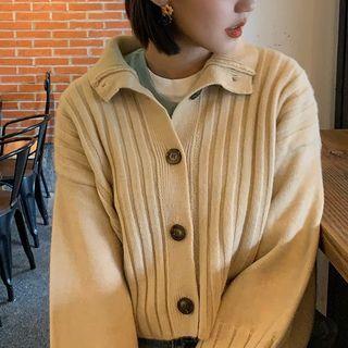 Collared Cropped Ribbed Knit Cardigan