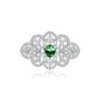 Fashion Vintage Geometric Hollow Pattern Brooch With Green Cubic Zirconia Silver - One Size