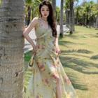 Spaghetti-strap V-neck Print Maxi A-line Dress