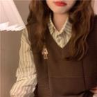 Striped Shirt / Bear Embroidered Sweater Vest